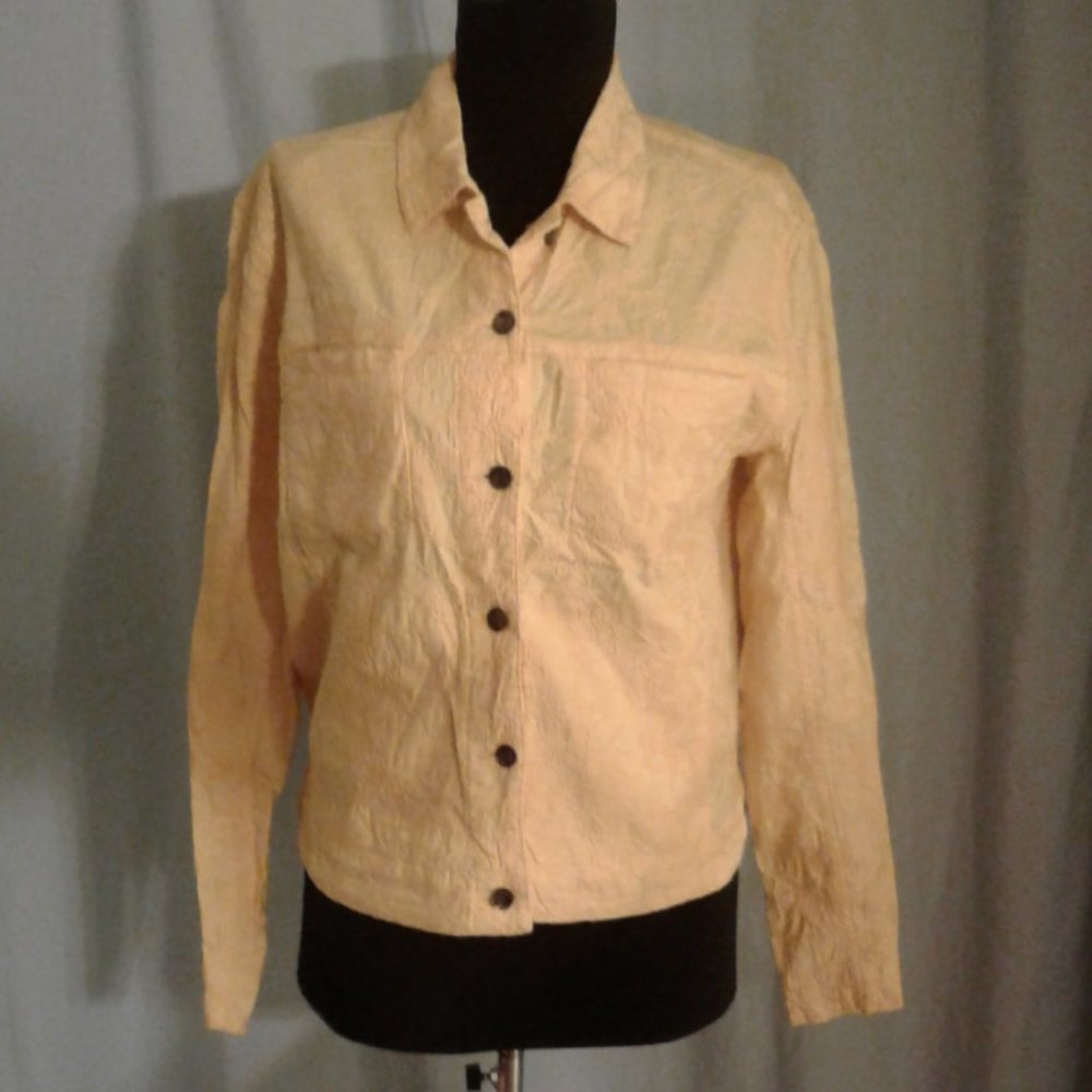 Chico's 0 cropped jacket Yellow Embroidered S 4 Pockets MOP Shell Buttons - Picture 5 of 5